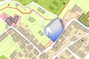 Plan d'aménagement d'un nouveau bâtiment dans un quartier résidentiel.